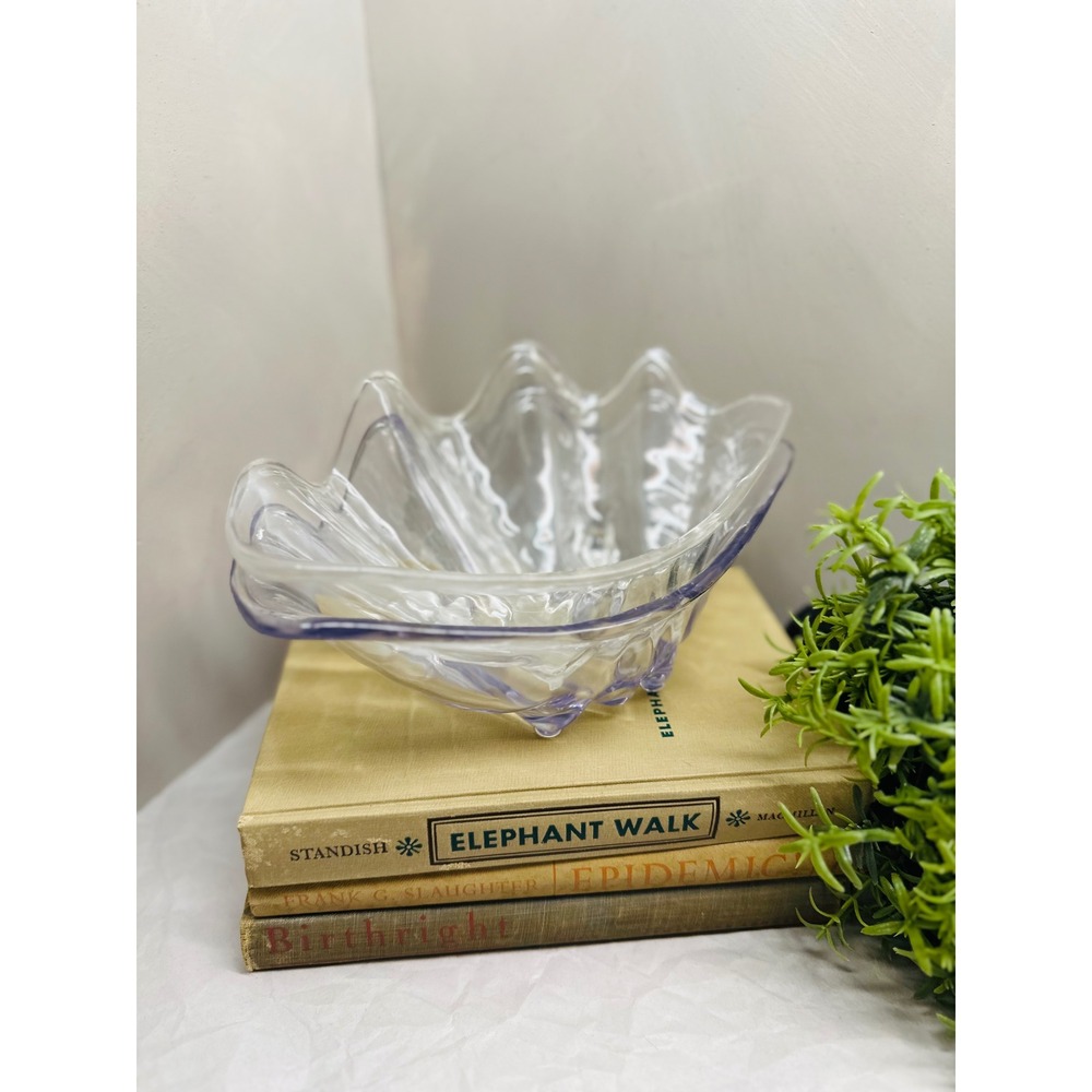 Vintage Clear Lucite Clam Shell Bowls Set of 2 Scalloped Coastal Footed Dishes